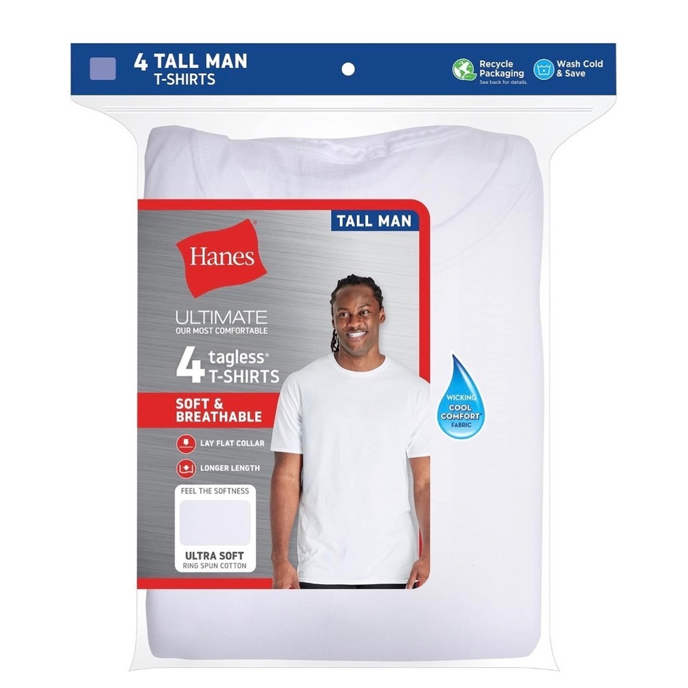 NEW Hanes Ultimate Tall Man White Crew Neck T-Shirts 4 Pack Soft Cotton Tagless